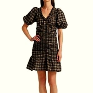 NWT Ganni Ruffled Ruched Mini Checkered Dress